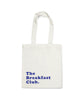 White "Breakfast Club" tote bag with blue text - stylish and functional for carrying coffee beans. Elevate your daily routine with this unique design. Perfect for coffee lovers on the go - shop now!