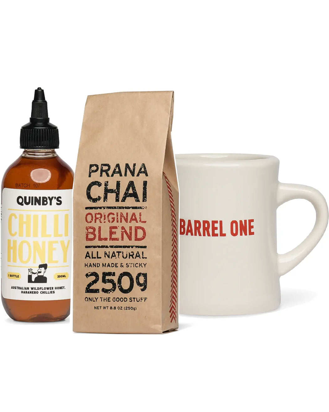 Barrel One Sweet Tooth Giftbox Selection. Includes, A coffe mug, a bottle of Quinby's honey and a 250g bag of prana chai